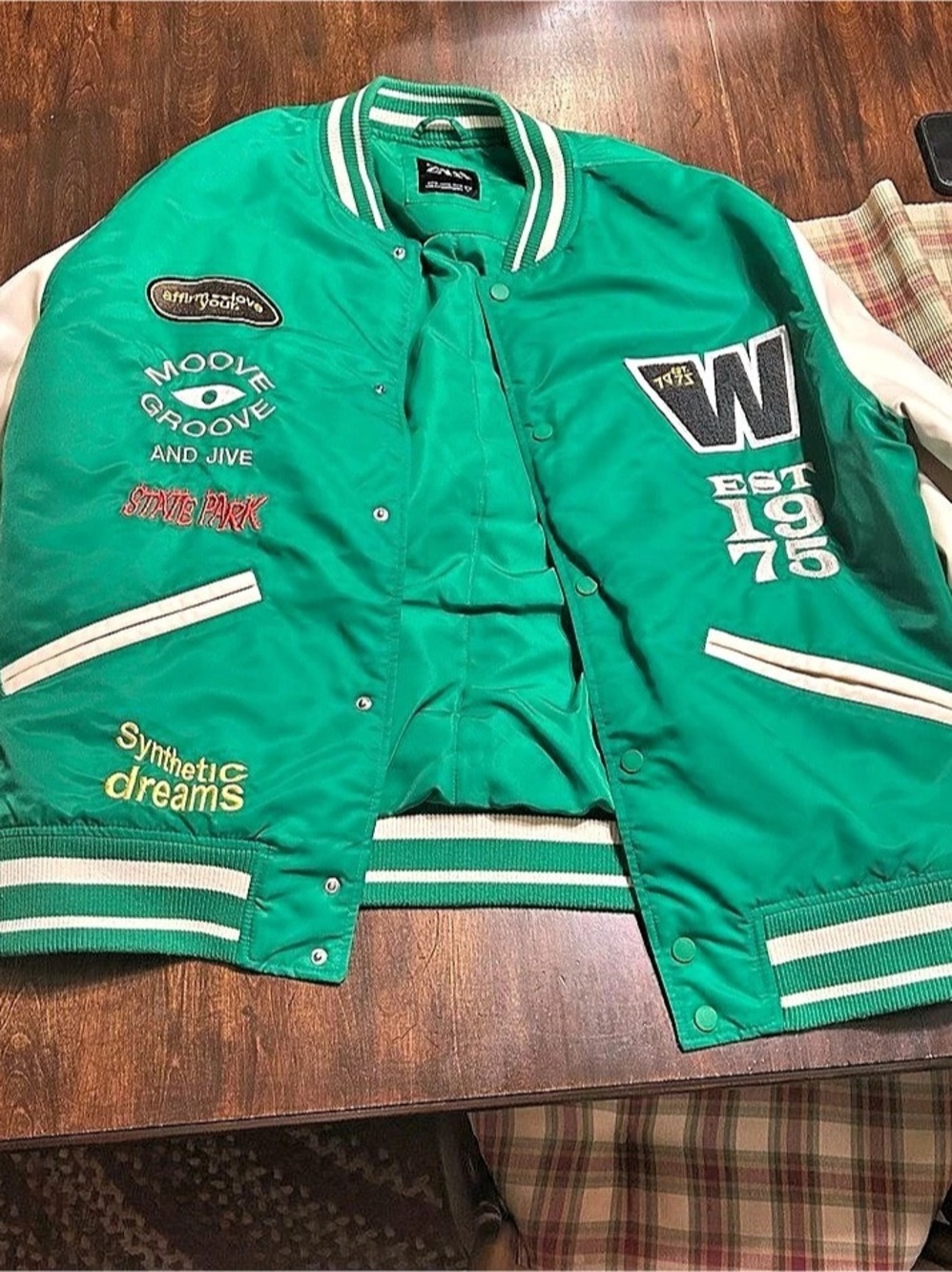 Zara Feeling Universal Varsity Bomber Jacket Green & White XL